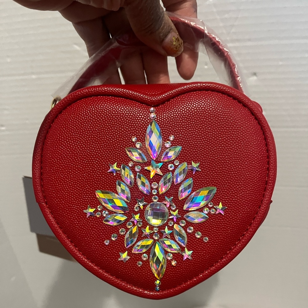 Red Heart-Shaped Bag with Crystal Embellishments Hand Crafted - Picture 1 of 8